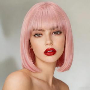 Svolna Short Bob Wig with Bangs, Synthetic Straight Hair Wigs for Women, 14 Inch Cosplay Costume Bob Wig (pink#)