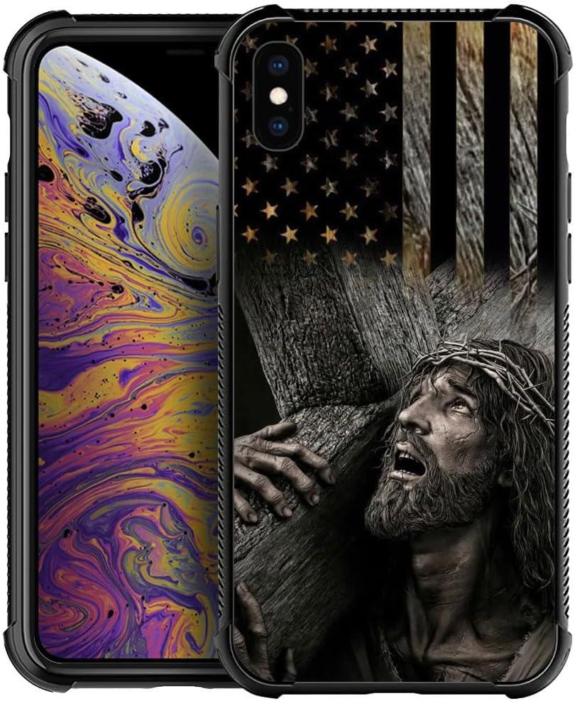 DAIZAG Compatible with iPhone Xs Case,All-Round Protection Shockproof Anti-Scratches TPU Cover,Cases for Man Woman-Jesus Retro American Wood Grain Flag