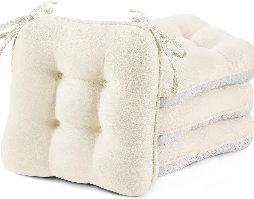 BETU White Chair Cushions for Dining Chairs Set of 4,3.5" Thick Kitchen Table Chair Pads with Ties,Non Slip Backing and Covers, Seat Cushion for Dining Room,Bar,Patio Chairs,16"X16"X3.5",White