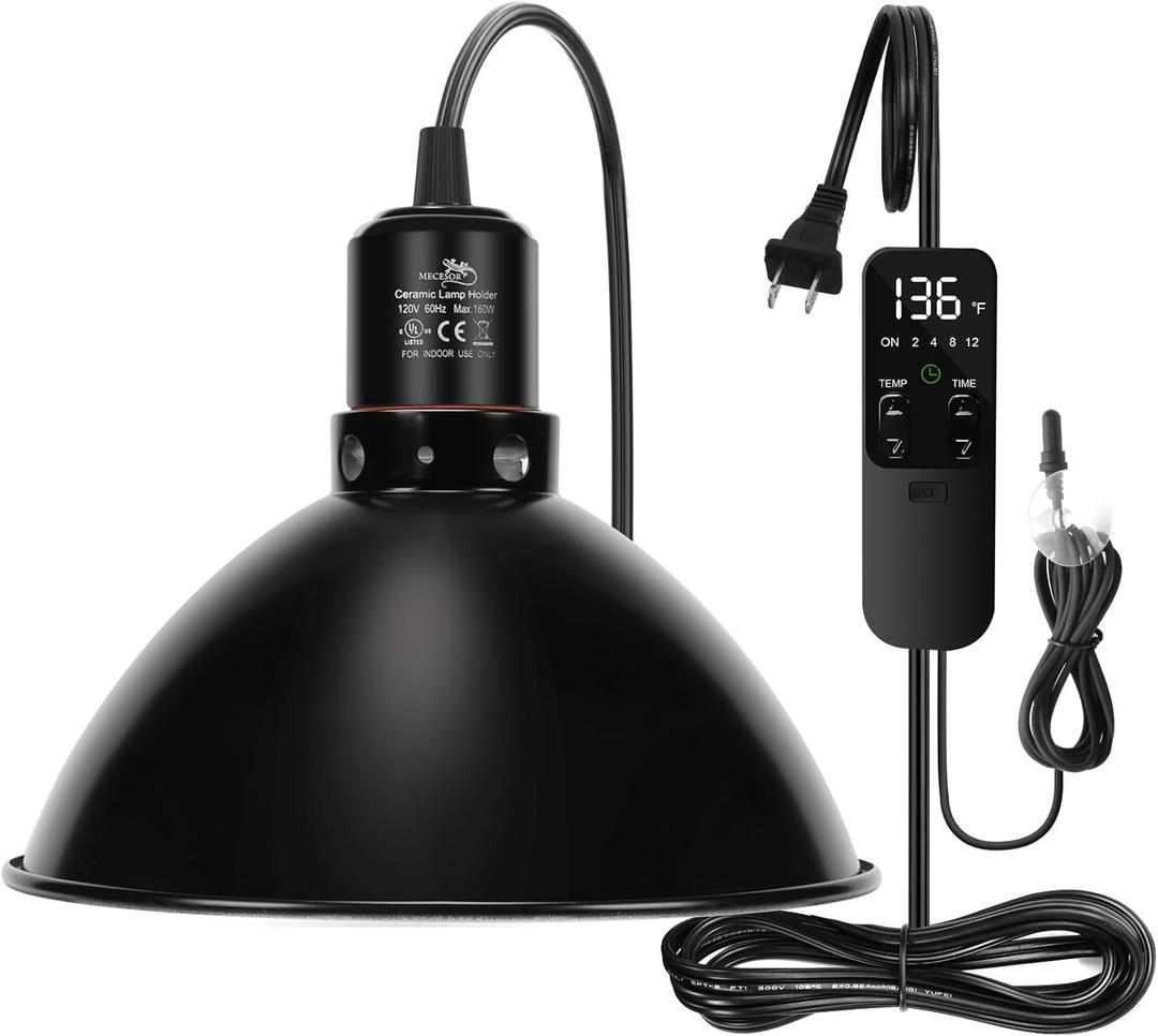Reptile Light Fixture with Thermostatic Timer, 8.5 Inch Deep Dome Lamp Cap Reptile Heat Lamp Fixture with Separate Switches, Terrariums Light Fixture for Ceramic Heating Lamp Bulb