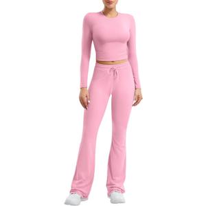 YEOREO Two Piece Sets for Women Long Sleeve Tops Lounge Set Drawstring Wide Leg Pants Ava Matching (Large, Pink)