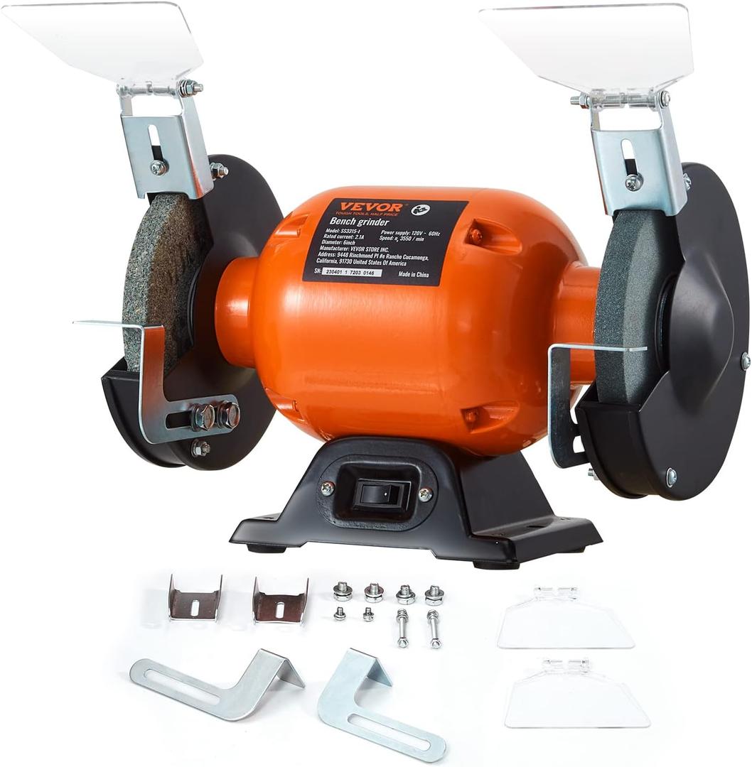 VEVOR Bench Grinder, 6 inch Single Speed Bench Grinder with 2.1A Brushless Motor 3550 RPM Table Grinder with 36/80-Grit Grinding Wheels for Grinding, Sharpening Application