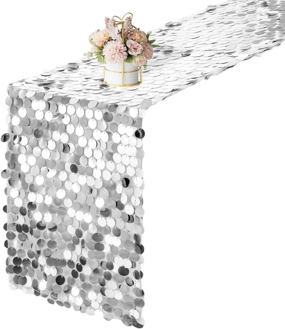 12 x 108 Inch Silver Sequin Table Runner Glitter Rectangle Big Sequin Table Runner for Wedding Party Birthday Christmas Halloween Decoration (1 Pack)