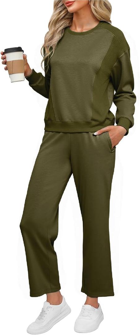 Glamaker Womens Lounge Two Piece Outfits Airport Casual Travel Crew Neck Sets Long Sleeve Tops & Wide Pants 2025 Trendy (Green, XXL)