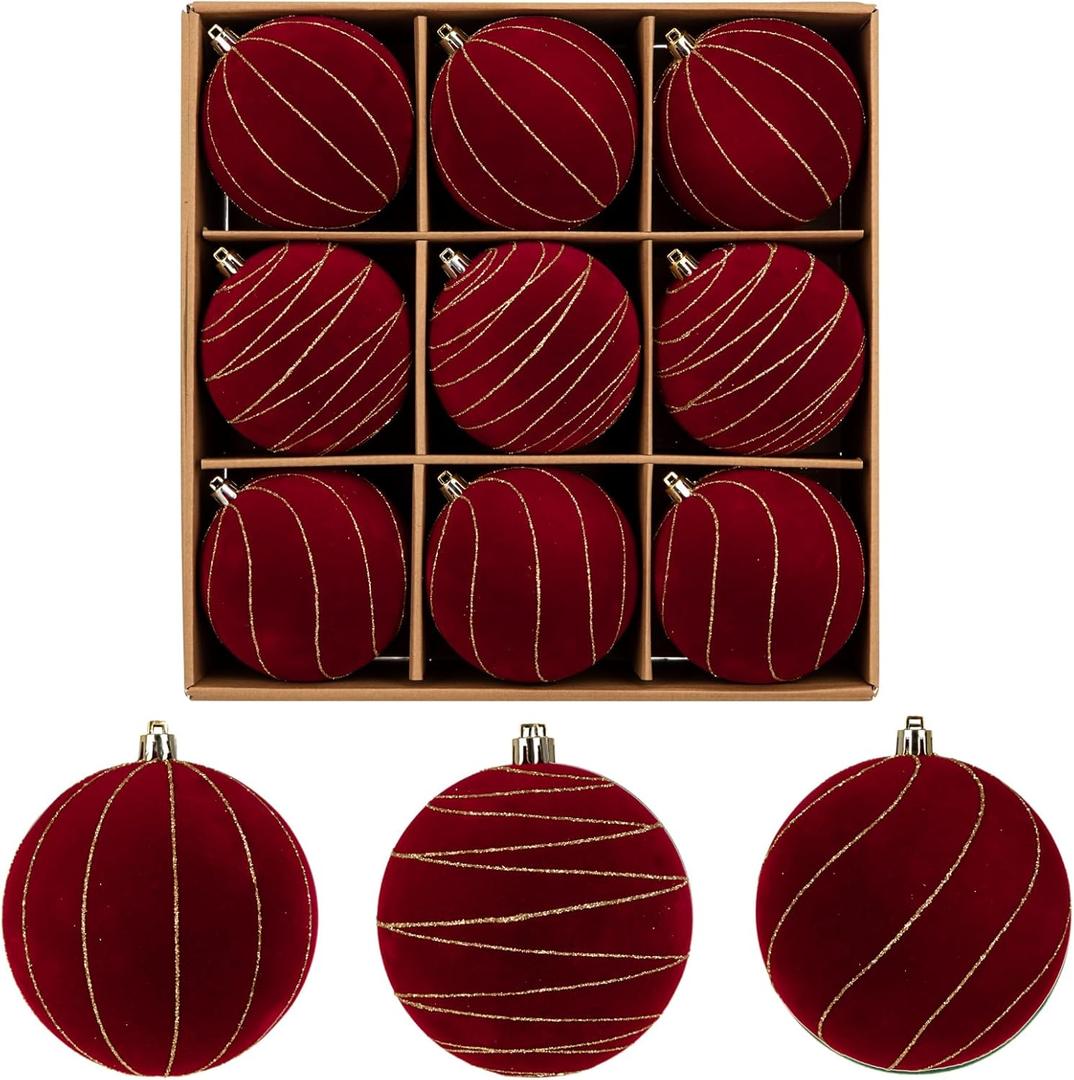 Briful 4'' Velvet Flocked Christmas Ball Ornaments  9pcs Burgundy Xmas Balls Baubles, Mix of Painted & Gold-Edge Solid Shades  Shatterproof Velvet Ornaments for Christmas Tree & Holiday Decor (100mm 3.94inch)