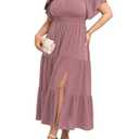 SCOMCHIC Womens Plus Size Maxi Dress Formal Short Sleeve Square Neck Smocked Side Split Flowy A Line Tiered Long Dress Pink, size 2XL