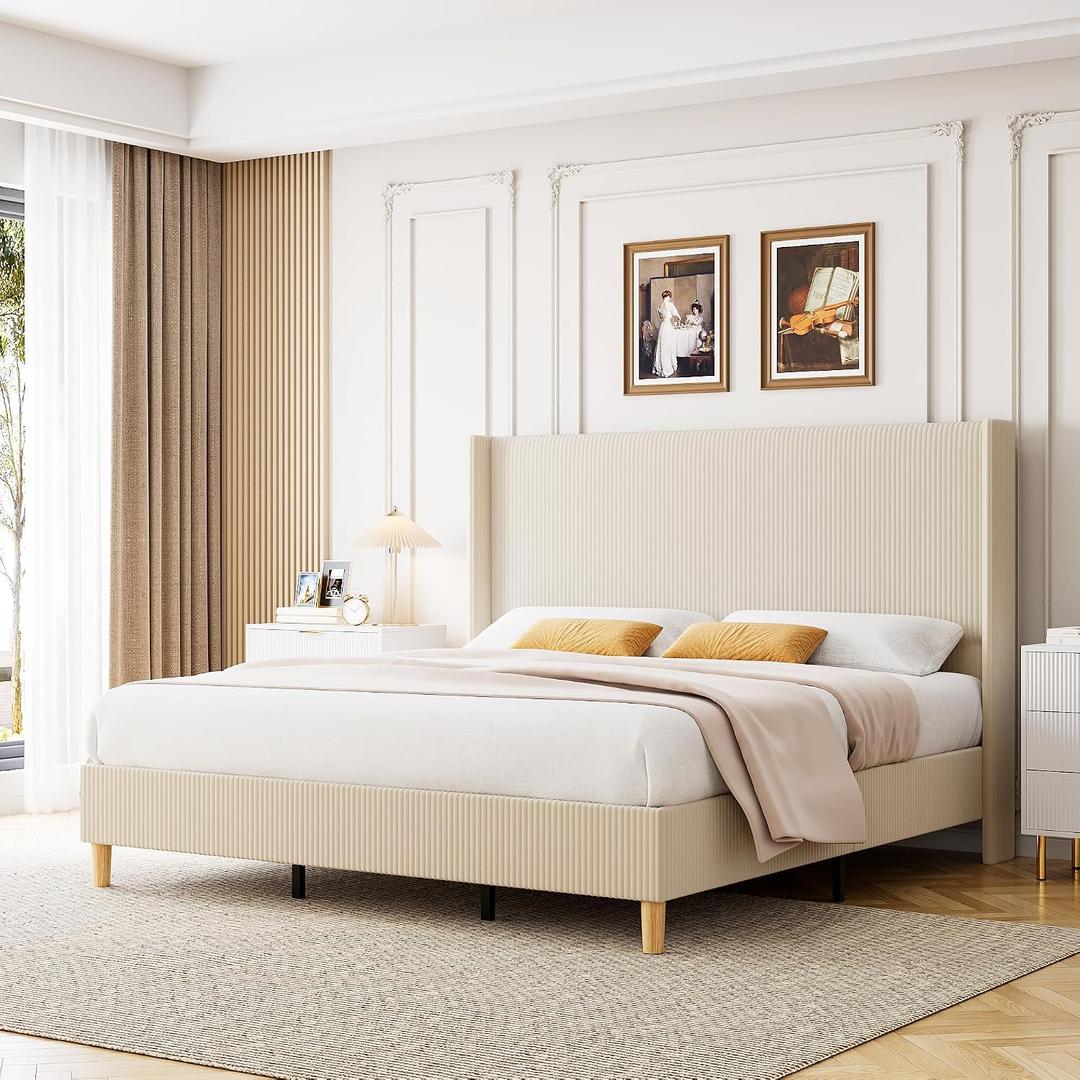 IDEALHOUSE King Size Corduroy Upholstered Bed Frame, Platform Bed with 51" Tall Vertical Stripe Wingback Headboard, No Box Spring Needed/ Wooden Slats/ Noise Free/ Beige