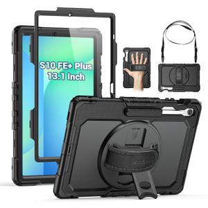 SEYMAC Case for Samsung Galaxy Tab S10 FE+/ S10 FE Plus 5G 13.1 2025, Heavy Duty Full-Body Shockproof Protective Case with Screen Protector, Stand, Hand/Shoulder Strap and Pen Holder, Black