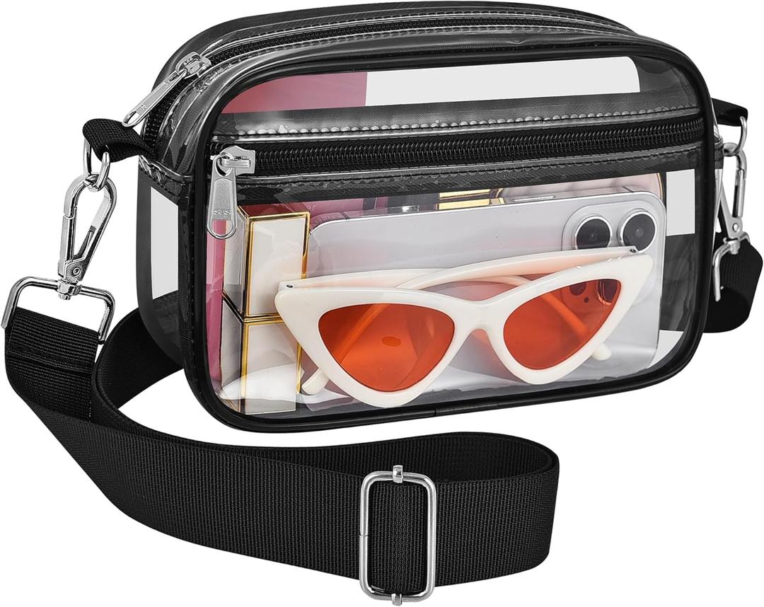 Bagenius Clear Bag for Stadium Events Clear Purse with Removable Strap Transparent Bag for Concert and Sport Events (Black)