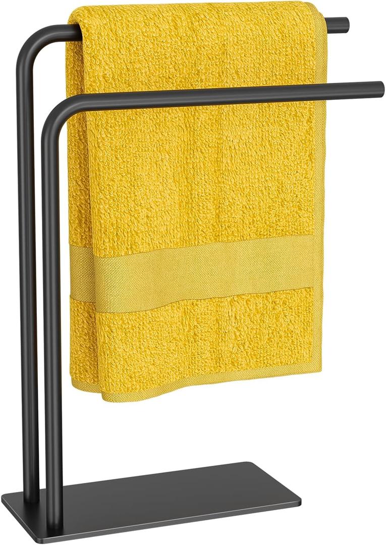 Kawaiita Hand Towel Holder Stand for Bathroom Kitchen Countertop, Matte Black Modern Free Standing Towel Racks with Heavy Base, Holds 2 Towels