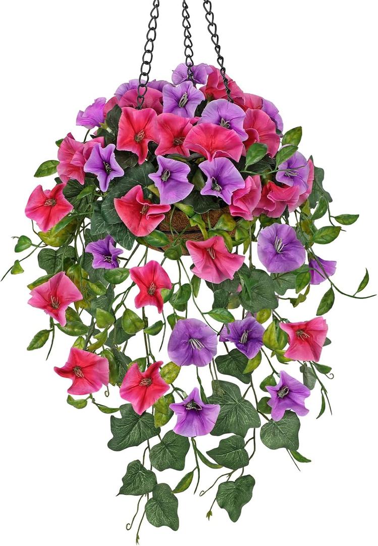 Briful Fake Hanging Flowers with Basket, Artificial Morning Glory Hanging Plants Faux Spring Flowers for Outdoor Front Door Patio Garden Balcony Home Decoration(Pink Purple)