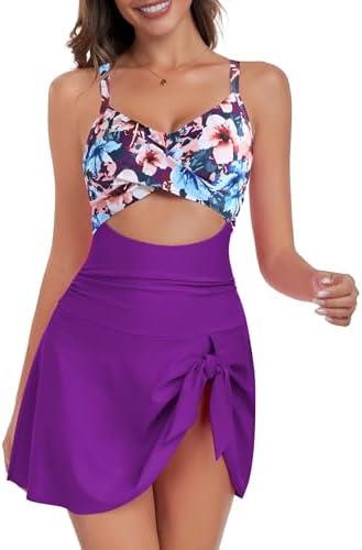 ZAFUL Women One Piece Swimdress Tummy Control Bathing Suit Push Up Swimsuit Modest Swimwear Cutout V Neck Cute Tie Knot Skirt, L