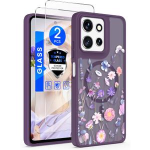 for Motorola Moto G 5G 2025 Floral Phone Case with 2X Screen Protector, Military Grade Magnetic Translucent Matte Girls Women Flower Pattern Protective Cover for Moto G 5G 2025 (Deep Purple)