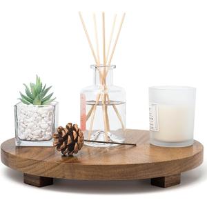 Zurklulu Round 11.8" Acacia Wood Decorative Tray – Farmhouse Wood Riser Pedestal Stand for Kitchen and Bathroom Decor, Counter Display, Vanity Tray (Large, 11.8" Dia)