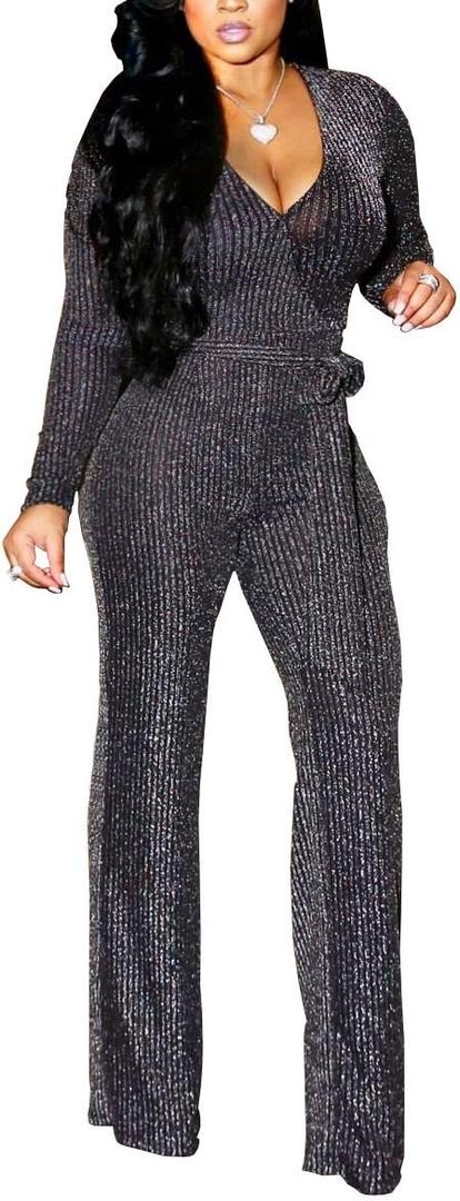 LightlyKiss Women Casual Sexy V Neck Sparkly Jumpsuits Long Sleeve Onesie Loose Pants Party Clubwear with Belt (Medium)