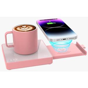 Coffee Mug Warmer with 15W Wireless Phone Charger & 3A USB Charging Port, 3 Temp Settings & 8H Auto Shut Off, Candle Warmer Plate for Heating Coffee, Milk, Tea & Candles,Valentine's Day Gift(Pink)