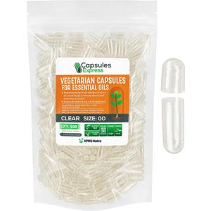 XPRS Nutra Size 00 Empty Vegan Capsules - 500 Count Clear Veggie Capsules for Essential Oils - Empty Vegetable Caps - DIY Filling Works with Most Oil, Exp Date: 12/31/26