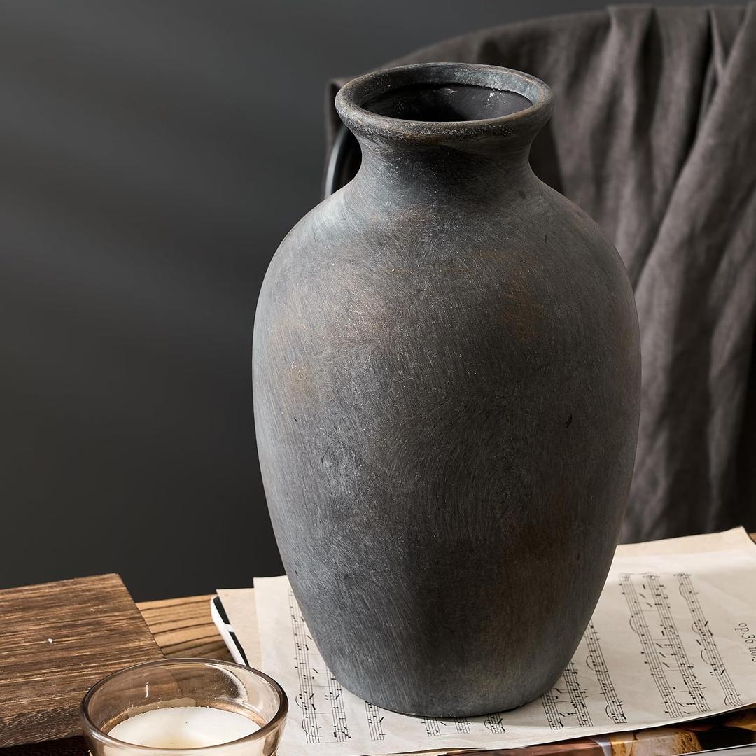 Large Ceramic Rustic Flower Vase, 10.43 Inch Tall Vintage Pottery Home Decor, Farmhouse Terracotta Vase for Living Room, Table, Shelf, Mantel Decoration, Farmhouse - Black Bronze