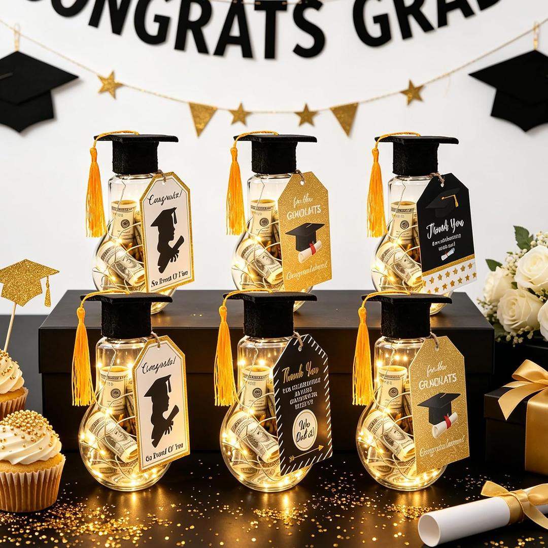 6 Sets Plastic Graduation Jar Centerpieces Graduation Table Decoration with LED Lights Class of 2026 Gift, Fillable Light Bulb Candy Containers for College High School Congrats Grad Party Decoration