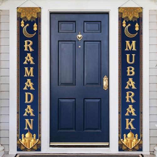 Ramadan Decorations for Home Blue and Gold Eid Decorations Mubarak Porch Door Sign Ramadan Decor Party Favor Hang Ramadan Mubarak Banner Outdoor Holiday Welcome Banner for Party Supplies