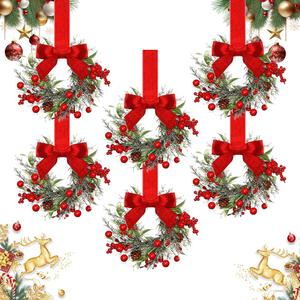 Small Christmas Wreath, 4/6 Pcs 6" Mini Christmas Wreaths for Cabinets, Small Cabinet Mini Wreaths for Xmas Front Door Window Chair Fireplace Table (6 Pc)