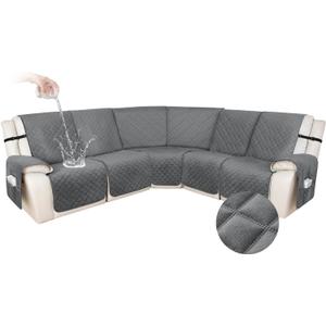 HDCAXKJ 100% Waterproof Velvet Recliner Sectional Couch Covers L Shaped Corner Reclining Sofa Cover Washable Thick Non Slip Sectional Slipcover with Pockets (5 Seat Recliner Couch, Dark Gray)