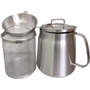 68oz Stainless Steel Oil Filter Pot with Removable Strainer  Bacon Grease Saver, Large Reusable Cooking Oil Container for Kitchen & Camping, Dishwasher-Safe Deep Fryer Basket (2L, Matte)