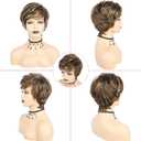 TISHINING Pixie Cut Brown Short Hair Wigs for White Women with Bangs Brown Mixed Blonde Highlights Layered Natural Looking Synthetic Hair Replacement Wigs for Daily Party Use