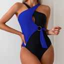 WeeH Women One Piece Swimsuit Color Block Bathing Suit Front Cross Swimwear Beach Bikini (Large-X-Large, Blue and Black)