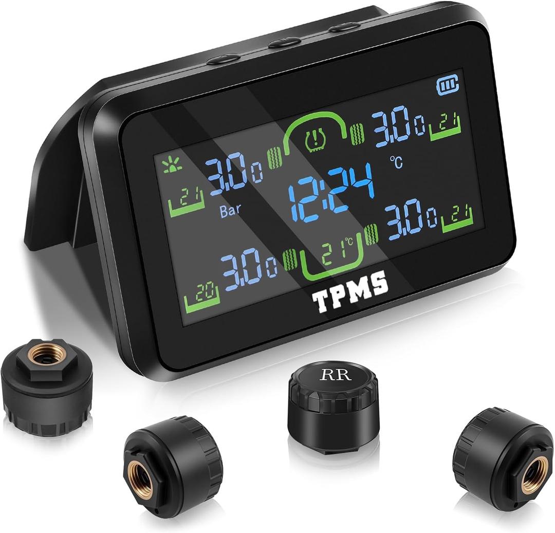 Tire Pressure Monitoring System,Wireless Solar Charging,Color LCD Display,Real-time Monitoring of Tire Pressure&Temperature,6 Alarm Modes,RV TPMS 4 Sensors for RV/Truck/Trailer/Sedan(0-87 PSI)