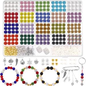 Rhinestone Beads 10mm, 408pcs Disco Ball Beads Set for Jewelry Making, Funtopia Sparkle Crystal Clay Bead, Colorful Bling Bead with Charms Spacer Beed for Bracelet Necklace Earring Crafting