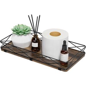 Toilet Paper Basket Holder, 13" Toilet Tank Tray, Wood and Metal Toilet Tray Vanity Organizer Bathroom Tray, Kitchen Sink Organizer for Soap Dispenser (Brown+Black)