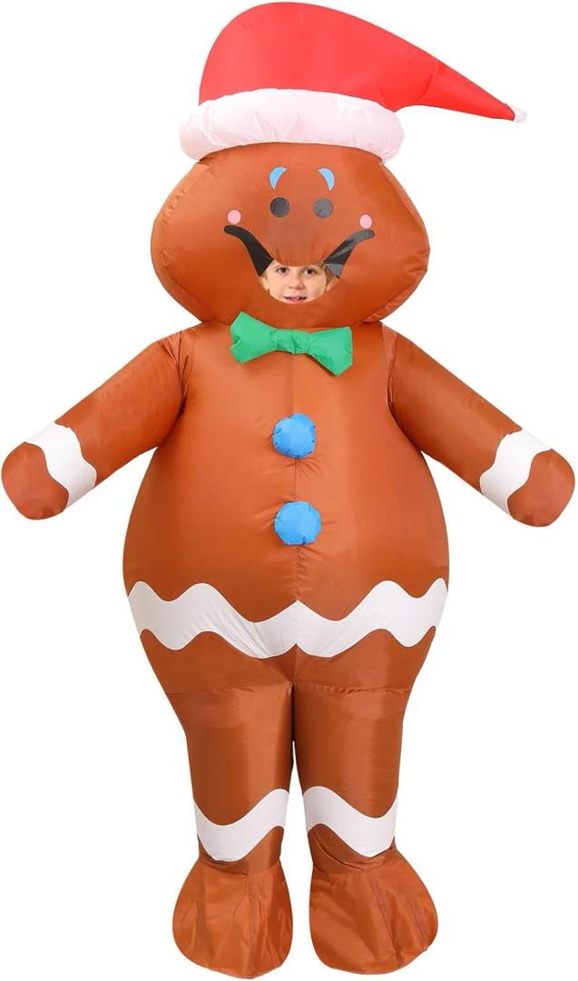 Gingerbread Costume Kids, Ages 9-12 Inflatable Christmas Costumes, Blow up Xmas Ginger bread man (Height:4.27–4.92 Feet)