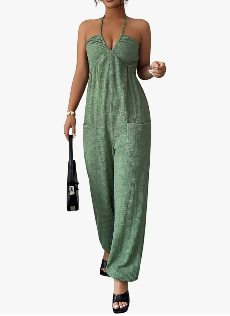 WDIRARA Women's Halter Neck Sleeveless Tie Backless Jumpsuit Pants Romper with Pockets, Large