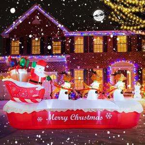 COOLWUFAN 10 FT Christmas Inflatables Outdoor Decorations Santa Claus on Sleigh, Blow Up Cute Elks Pulling Santa's Inflatable Yard Decoration with Lights for Christmas Party, Outdoor, Garden Lawn
