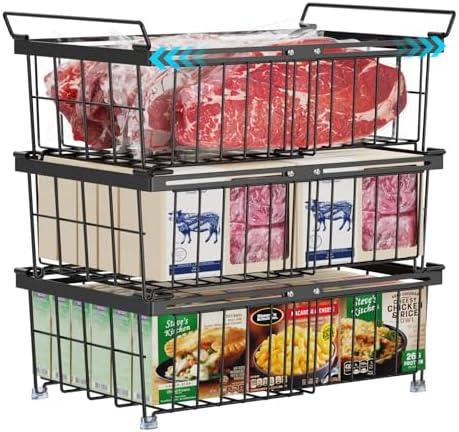 iSPECLE 3 Pack Freezer Organizer Bins - Fit 10 to 20 Cu.Ft Deep Freezer, Expandable Wire Storage Chest Freezer Baskets for Frozen Food, Stackable with Handles, Black