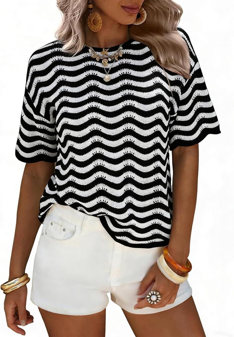 EXLURA Women's Summer Striped Crochet Tops Short Sleeve Knit Boho Top Hollow Out Beach Sweater Lightweight Vacation Shirts (Black White)