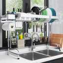 LIVOD Over The Sink Dish Drainer Drying Rack, 2 Tier Full Stainless Steel Storage Adjustable Length Kitchen Rack, Multifunctional Expandable Counter Organizer, Space Saver Dish Rack