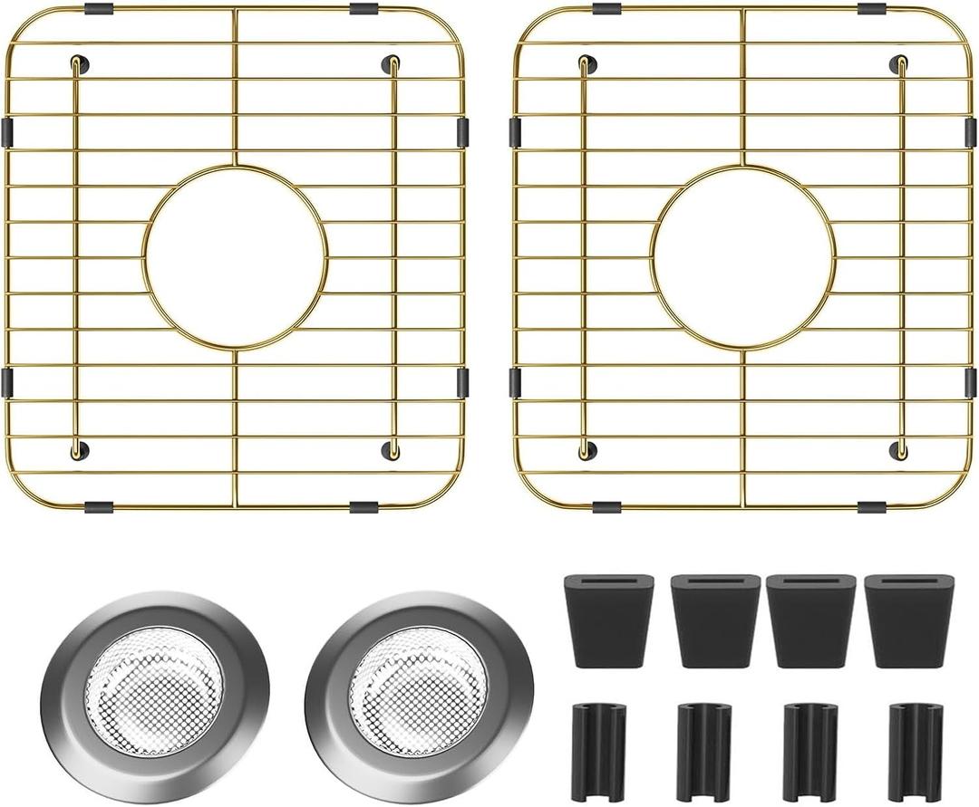 Stainless Steel Kitchen Sink Grid,13.2" x 11.6" x 1.2" Sink Protectors with Center Drain Hole,Sink Rack for Bottom of Sink, Sink Bottom Grid with Sink Strainers, Gold,2Pack