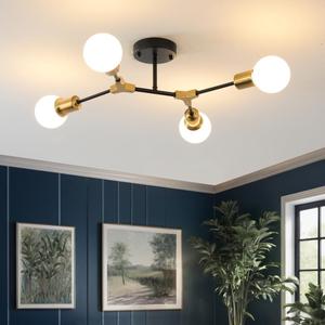Modern Semi Flush Mount Ceiling Light,Mid Century 4 Light Lighting Fixture for Dining Room Bedroom Kitchen Foyer Entryway Hallway Laundry,Metal Gold and Black Sputnik Chandelier