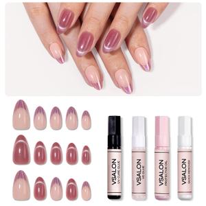 VSALON Short Almond Press-On Nails, 42 Count (Pack of 1), French Tip & Cat Eye, Cream Finish, Plastic, 16 Sizes & 10 Alternative Nails, UV Glue, Easy Tabs, Remover (Rose Sweetheart)