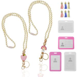 2 x 2Pcs teacher lanyard with id holder teacher lanyard With 6 tassels (purple, pink, beige) and 4 ID. covers (2 white and 2 pink)