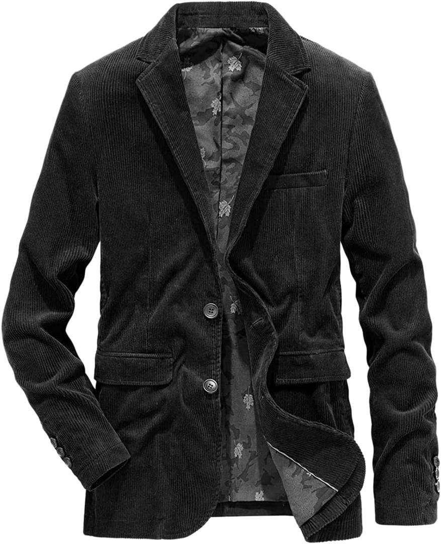 chouyatou Men's Vintage Casual Work Wear Corduroy Suit Blazer Jacket Sport Coat (X-Large, Black)