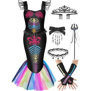 Liitrsh 6 Pcs Halloween Skeleton Costume Fishtail Mermaid Dress with Accessories for Halloween Cosplay(10,Colored)
