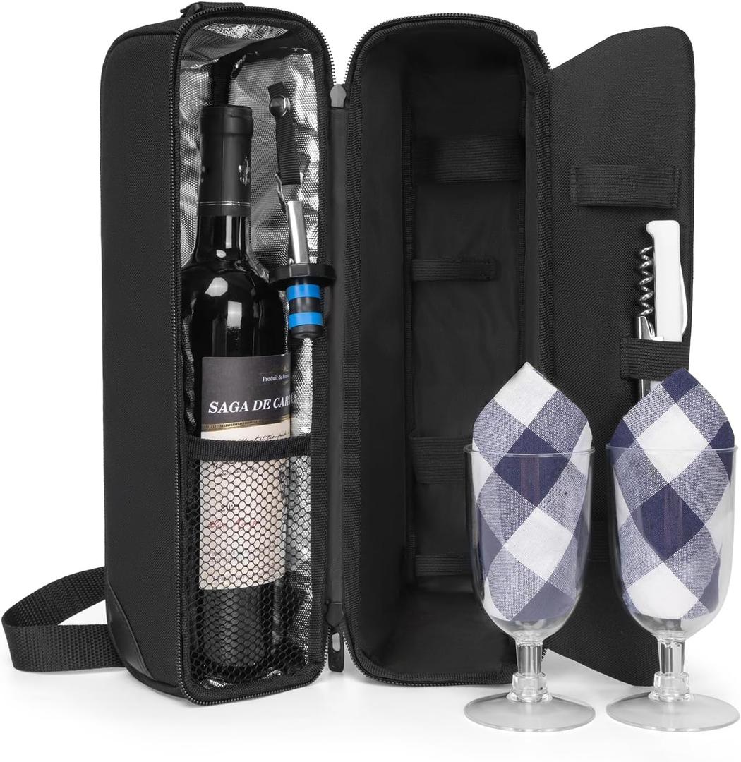 ALLCAMP Wine Bag - Insulated Cooler Bag with Wine Glasses, Bottle Opener & Wine Accessories for Wine Lovers - Portable Wine Gift Bag for Travel, Picnics, and Gift Ideas(Black)