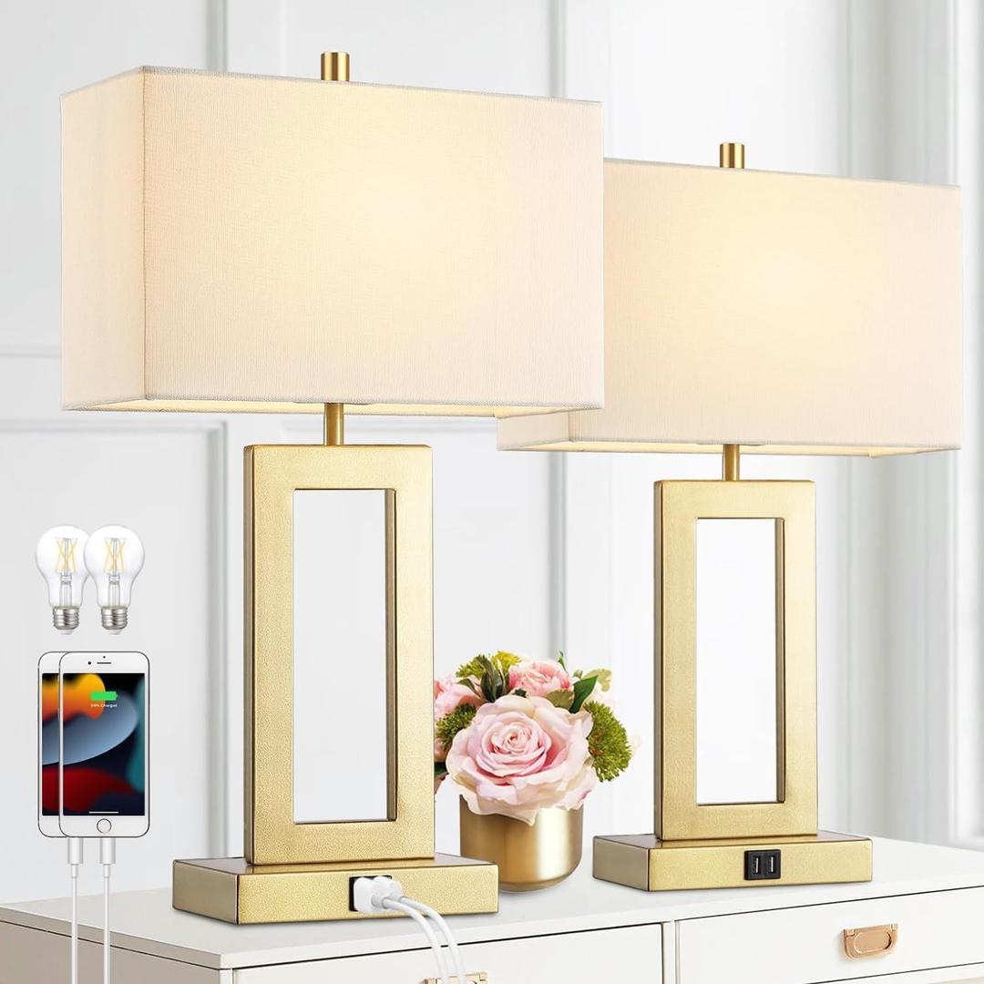 Gernehop Gold Table Lamps Set of 2 with Dual USB Ports,3-Way Dimmable Touch Control Bedside Lamps,22inch Tall Modern Bedroom Table Lamp for Living Room,Nightstand LED Bulbs Included