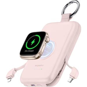 RORRY Portable Charger, 10000mAh PD 20W Fast Charging Portable Charger Power Bank with Built in Cables, Travel Battery Pack for iPhone and Apple Watch Ultra/11/10/9/8/7/6/5, Pink
