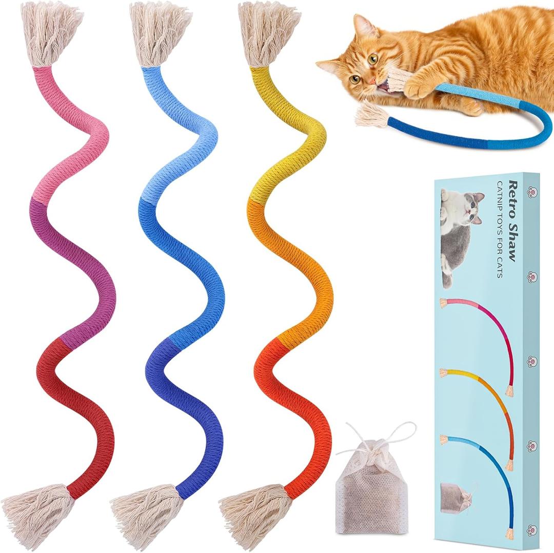 Retro Shaw Cat Chew Toys Ropes 3Pcs with Natural Catnip & Silvervine, Cat Nip String Toy, Interactive Kicker Safe Teeth Cleaning Kitten Toys for Indoor Cats Kitty, 23.6 Inches