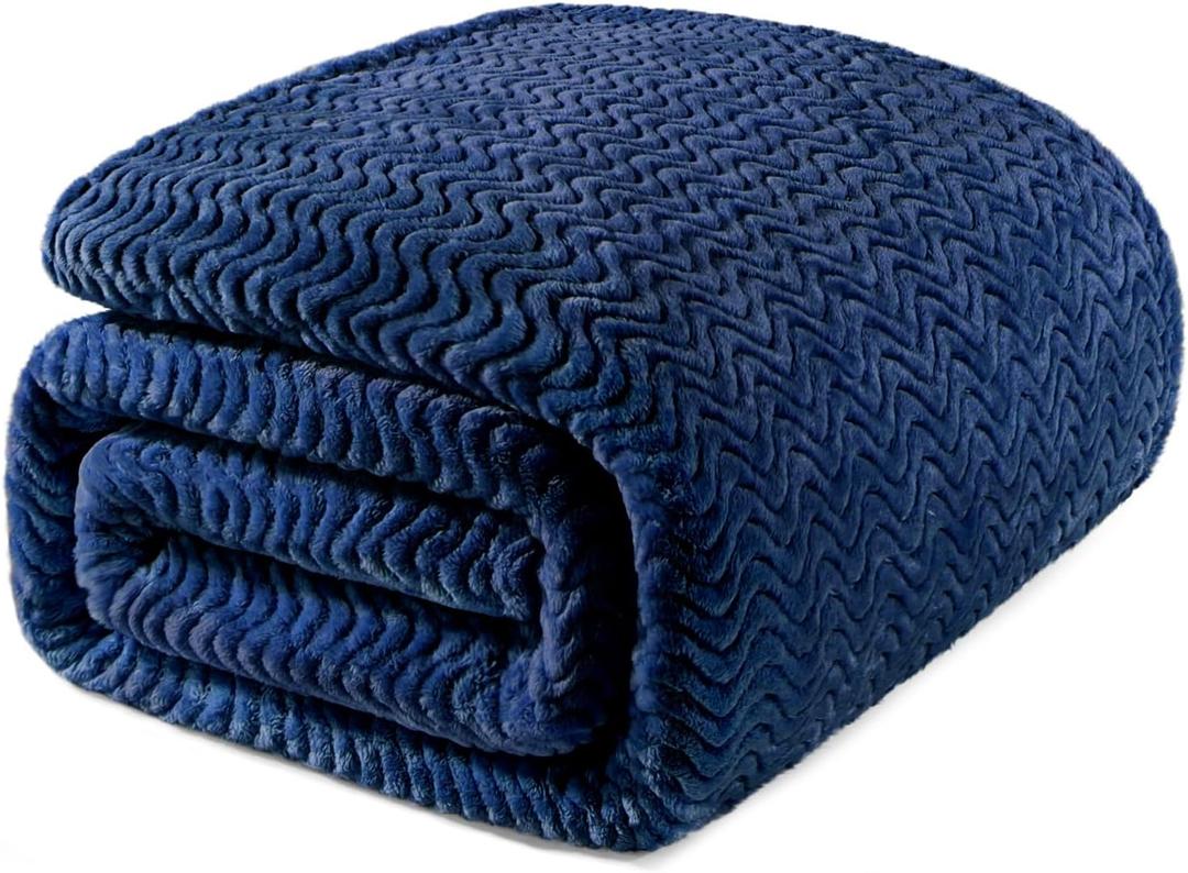 Exclusivo Mezcla Soft Fleece Blanket Queen Size, Cozy Lightweight Blankets with Decorative Wave Textured Suitable for All Season Use, Navy Blue, 90x90 Inches