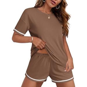 Ekouaer Pajama for Women Sets 2 Piece Ribbed Knit Lounge Sets Pjs Shorts Summer Short Sleeve Sleepwear with Pockets, L